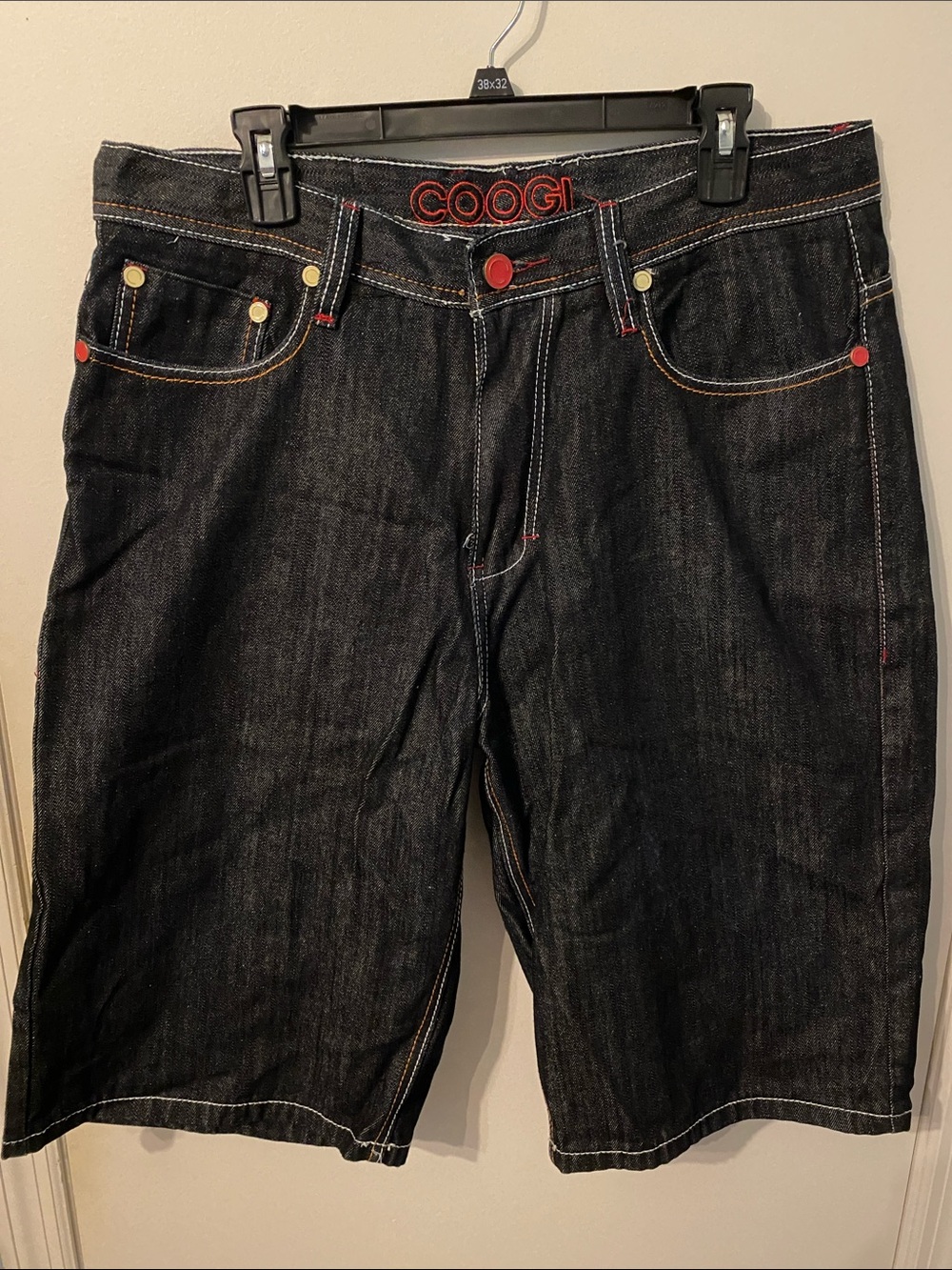COOGI Men's Black Denim Shorts with Red Accents